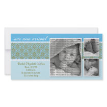 8x4 Blue Baroque 3-Photo Birth Announcement