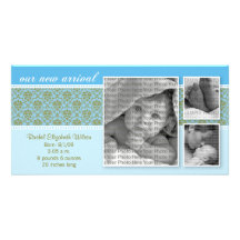 8x4 Blue Baroque 3-Photo Birth Announcement Photo Cards