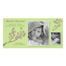 8x4 Branch Design Birth Announcement Green/Brown Photo Card Template