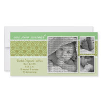 8x4 Green Baroque 3-Photo Birth Announcement Picture Card