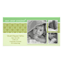 8x4 Green Baroque 3-Photo Birth Announcement Picture Card