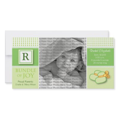 8x4 Green Gingham Monogrammed Birth Announcement by BeezKneez