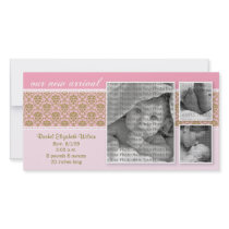 8x4 Pink Baroque 3-Photo Birth Announcement