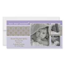 8x4 Purple Baroque 3-Photo Birth Announcement