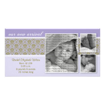 8x4 Purple Baroque 3-Photo Birth Announcement Photo Cards