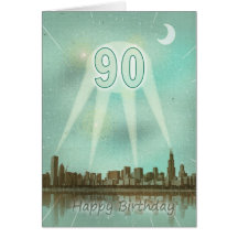 90th Birthday card with a city and spotlights
