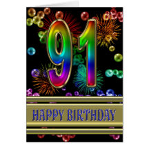91st Birthday with rainbow bubbles and fireworks Greeting Card
