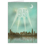 95th Birthday card with a city and spotlights