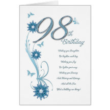 98th birthday in teal with flowers and butterfly greeting card