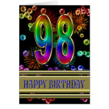 98th Birthday with rainbow bubbles and fireworks Greeting Card