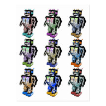 9 robots colorés carte postale