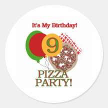 9th Pizza Party Birthday Round Stickers