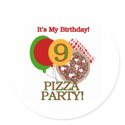 9th Pizza Party Birthday Round Stickers by kids_birthdays