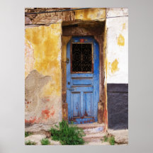 A beautifuly rustic old blue door in CRETE, Greece Print