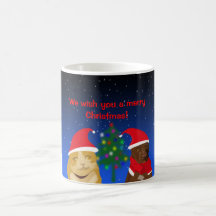 A cat and a dog, Xmas greeting with a tree Mug