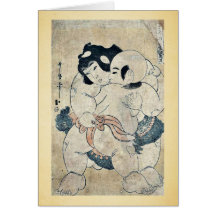 A charming sumo match by Utamaro II, d. Ukiyoe Greeting Card