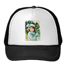 A christmas greeting with a girl carrying christma hat
