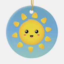 A cute and happy sun that shines brightly around christmas tree ornaments