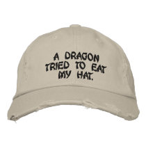 A dragon tried to eat my hat. baseball cap