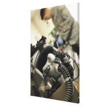 A fully assembled flight crew helmet stretched canvas print