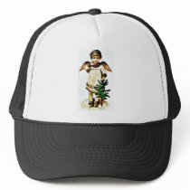 A girl dresses like an angel catching christmas tr hats