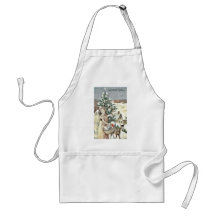 A girl standing with basket of gifts near christma apron