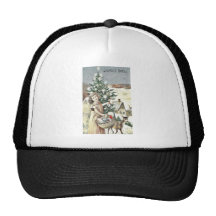 A girl standing with basket of gifts near christma hats