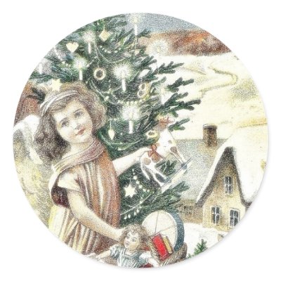 A girl standing with basket of gifts near christma round sticker by RememberChristmas