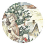 A girl standing with basket of gifts near christma stickers