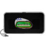 A green keytar with a blue strap graphic, mini speakers