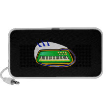 A green keytar with a blue strap graphic, mini speakers