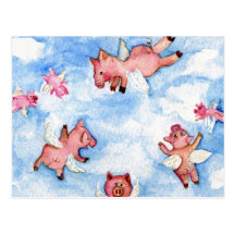 a Happy Herd of Flying Pigs Postcard