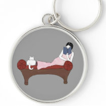 A Lady, A Cat and A Very Good Book Keychain