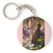 A Peacock and Doves in a Garden Print Key Chain