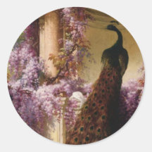 A Peacock and Doves in a Garden Print Round Sticker