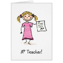 A plus teacher thank you card with girl and grades