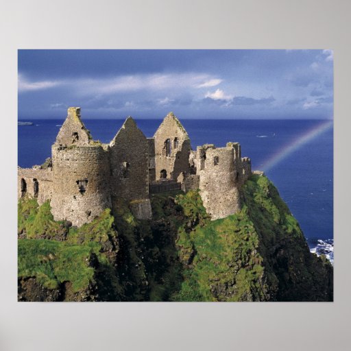 A rainbow strikes medieval Dunluce Castle on Print