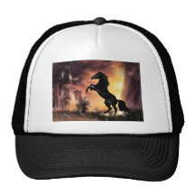 A rearing stallion at sunset trucker hats