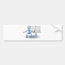 A robot mascot character presenting on roller scre bumper stickers