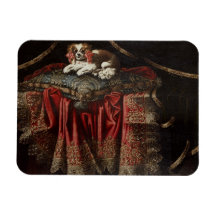 A spaniel seated on an embroidered cushion rectangle magnets