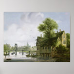 A Town on a river with a bridge Print