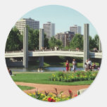 A view of the city round stickers