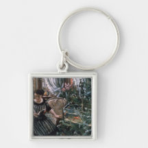 A Woman Reading near a Goldfish Tank Keychain