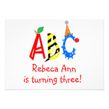 ABC Turning 3 Third Birthday Party Invitaitons Personalized Invitation