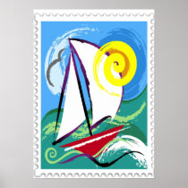 Abstract Sailboat and Sun Stamp
