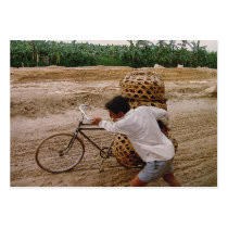 ACEO ATC Cyclist pushes bike through mud in china Business Card Templates