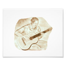 acoustic guitar player sitting pencil sketch sepia photo
