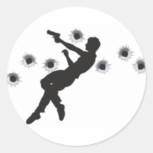 Action hero in gun fight silhouette stickers