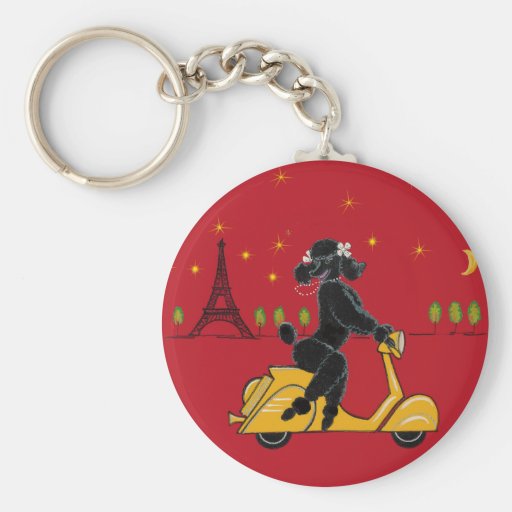Adorable Black Poodle on a  in Paris Keychain