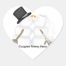 Adorable Kissing Snowman Couple Heart Stickers